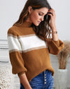 Color Block High Neck Lantern Sleeve Pullover Sweater