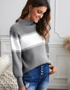 Color Block High Neck Lantern Sleeve Pullover Sweater