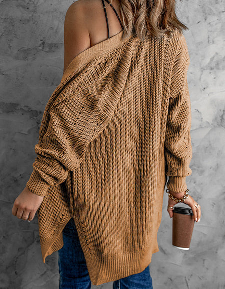 Openwork Rib-Knit Slit Cardigan