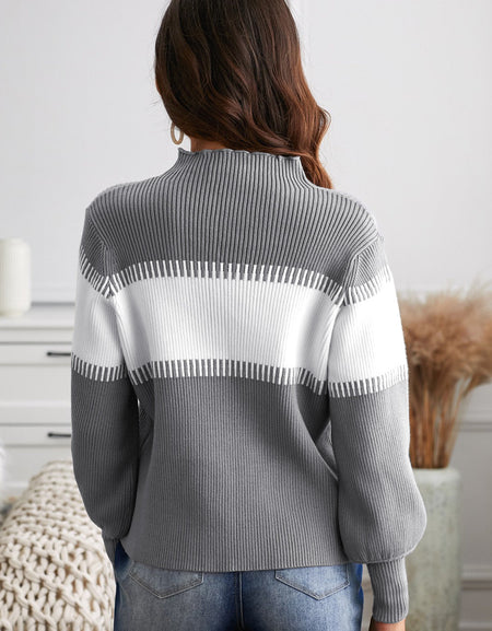 Color Block High Neck Lantern Sleeve Pullover Sweater