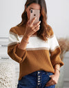 Color Block High Neck Lantern Sleeve Pullover Sweater