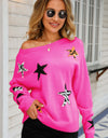 Star Pattern Round Neck Dropped Shoulder Sweater