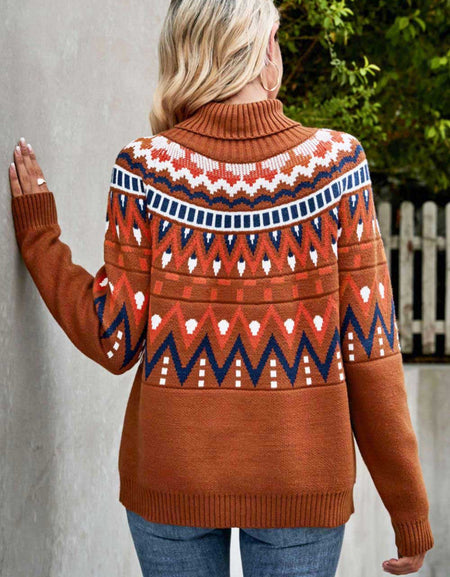 Chevron Turtleneck Ribbed Trim Sweater