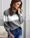 Color Block High Neck Lantern Sleeve Pullover Sweater