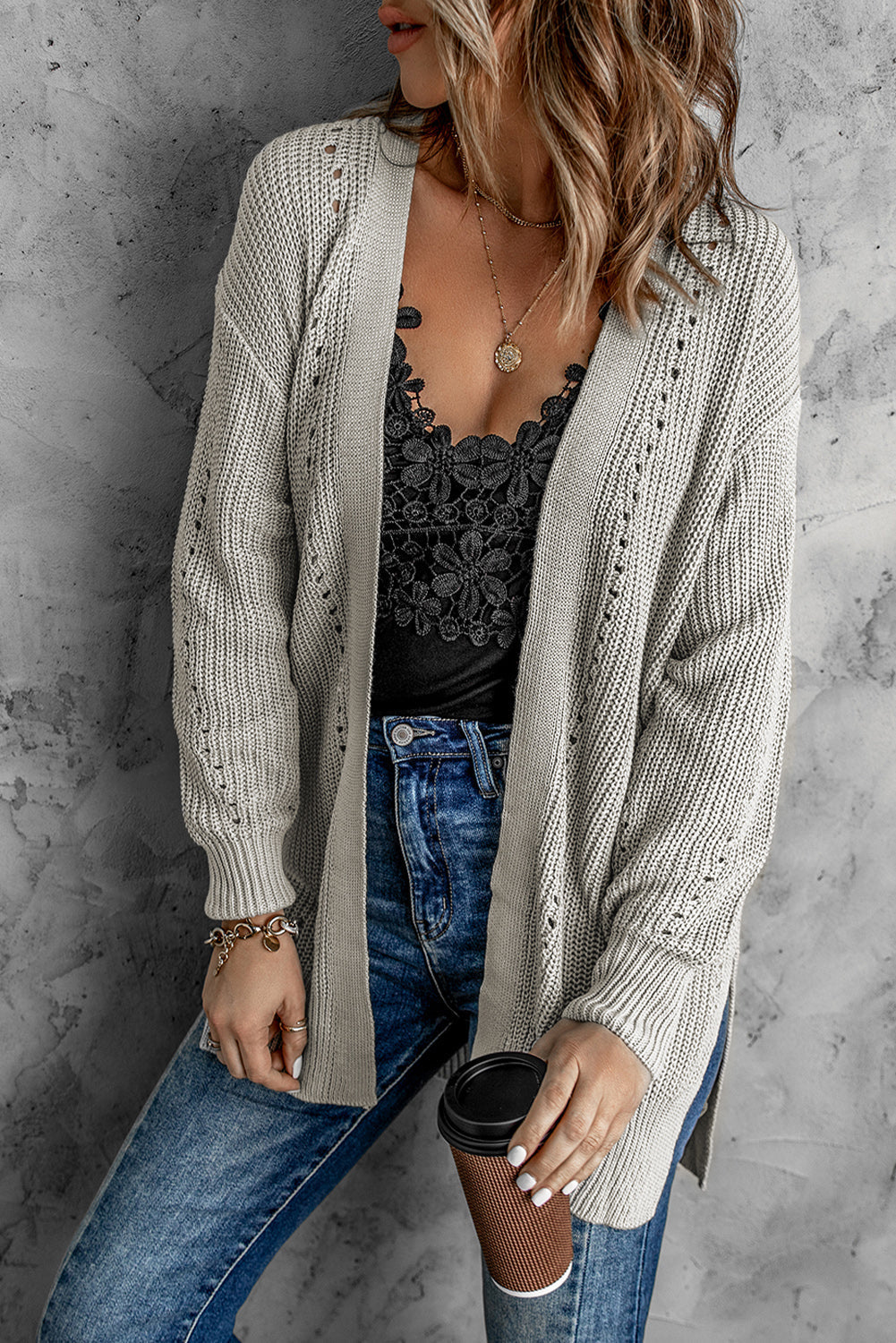 Openwork Rib-Knit Slit Cardigan
