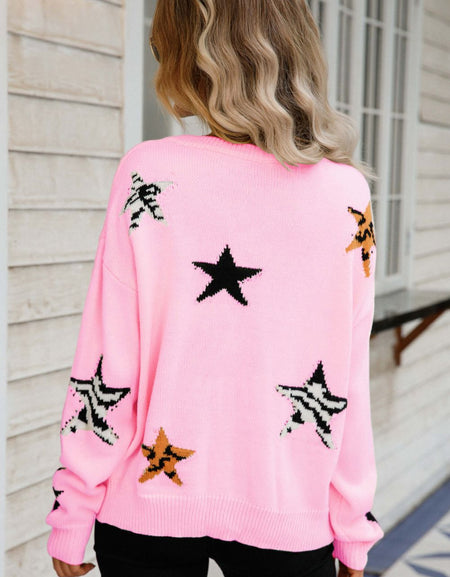 Star Pattern Round Neck Dropped Shoulder Sweater