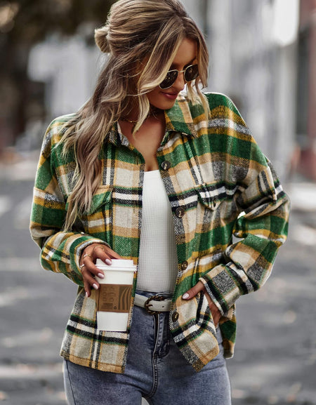 Plaid Button Front Brushed Shacket with Breast Pockets