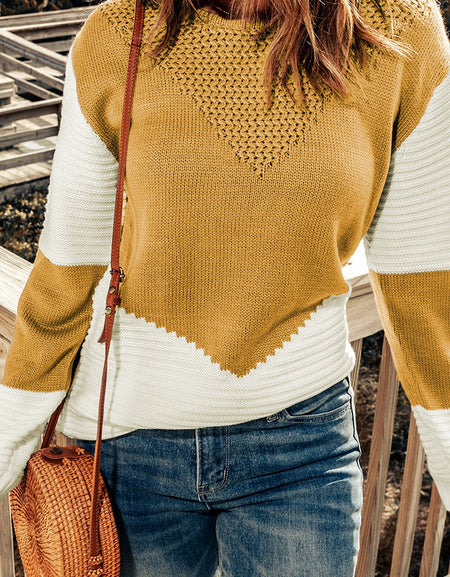 Two-Tone Openwork Rib-Knit Sweater