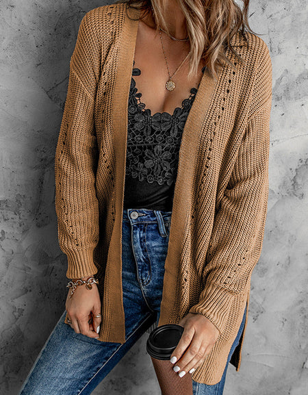 Openwork Rib-Knit Slit Cardigan