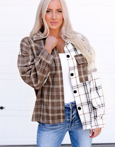 Plaid Contrast Button Up Shirt Jacket