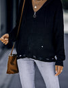 Zip-Up Distressed Hooded Cardigan