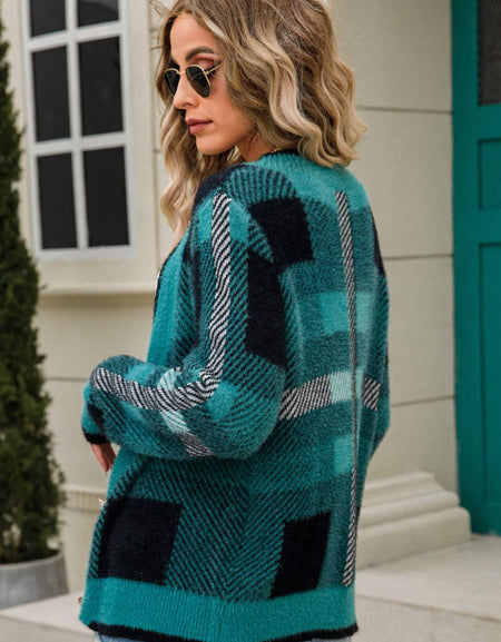 Striped Button-Front Fuzzy Cardigan