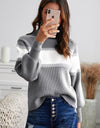 Color Block High Neck Lantern Sleeve Pullover Sweater