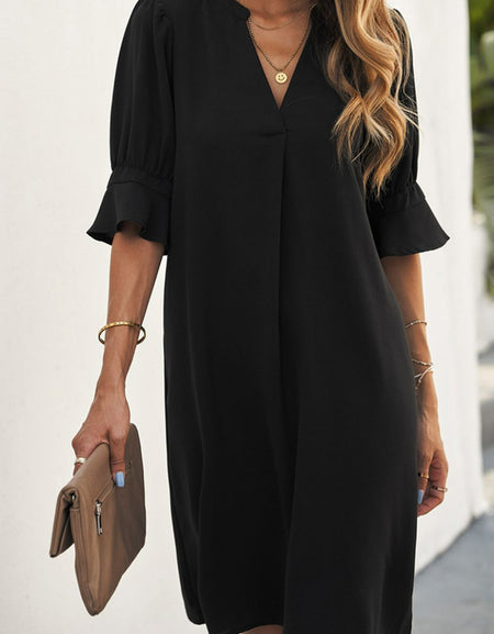 Puff Sleeve Notched Mini Shift Dress