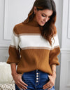 Color Block High Neck Lantern Sleeve Pullover Sweater